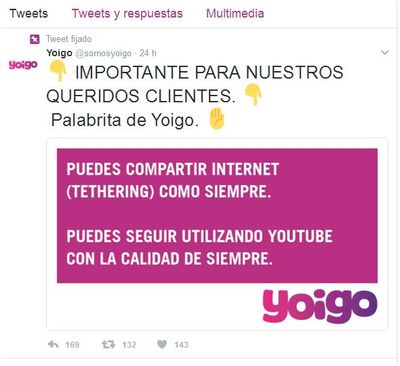 Comunicado en la cuenta de Yoigo en Twitter.