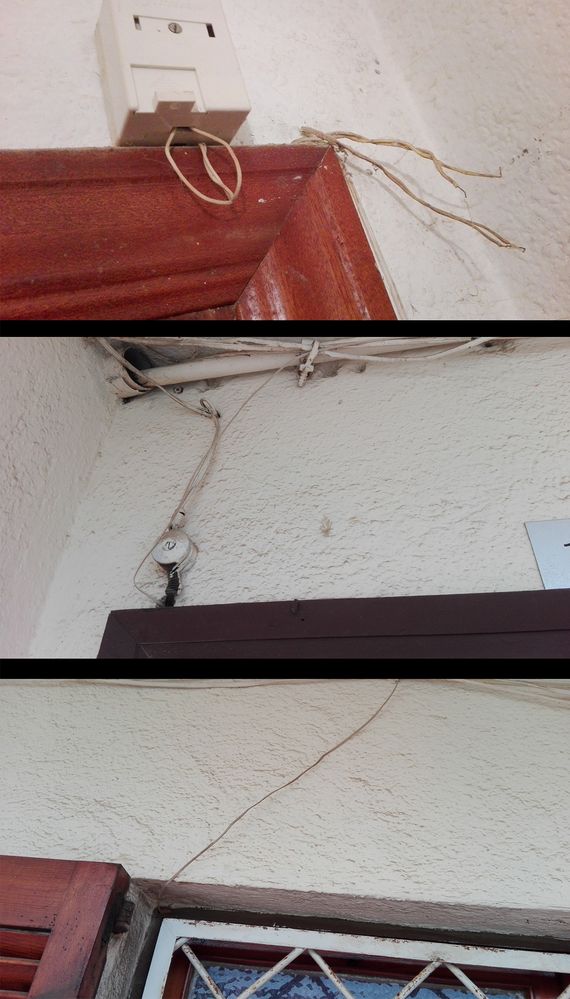 Foto1: PTR con el cable original cortado y otro que sale por debajo hacia fuera de la vivienda. Foto2 Fuera de casa, el cable sube hacia arriba hacia... Foto3: Cable vuelve a entrar por la ventana del Dormitorio hasta la Roseta