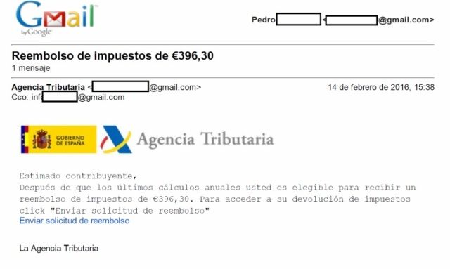 Ejemplo de correo fraudulento sobre la declaración de la renta
