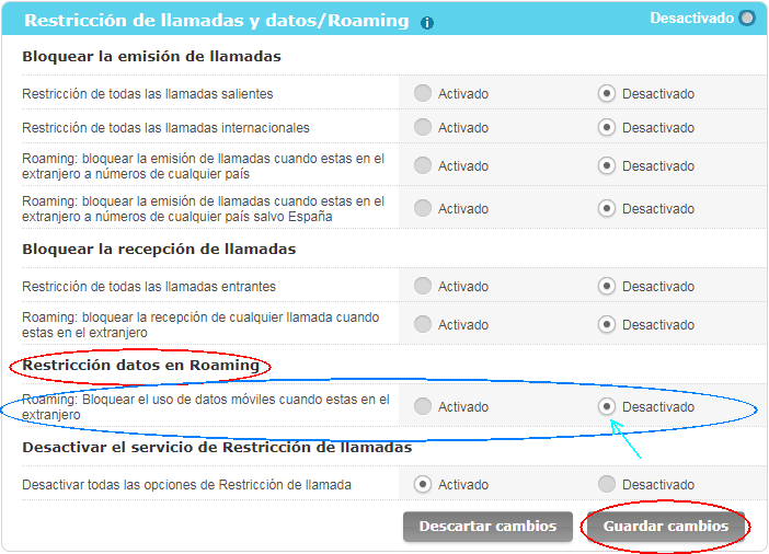 Desactivar restriccion datos en itinerancia