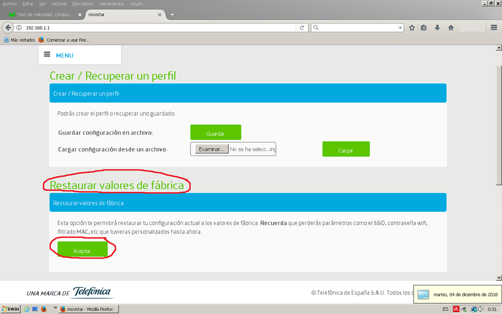 Antes de restaurar a valores de fábrica es buena idea pulsar el botón de guardar una copia de seguridad de la configuración del HGU para restaurarla tras hacer las pruebas.