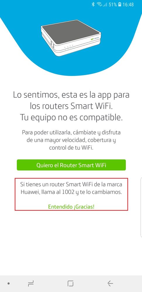 Este es el mensaje de la app Smart WIFI  cuando la abro.