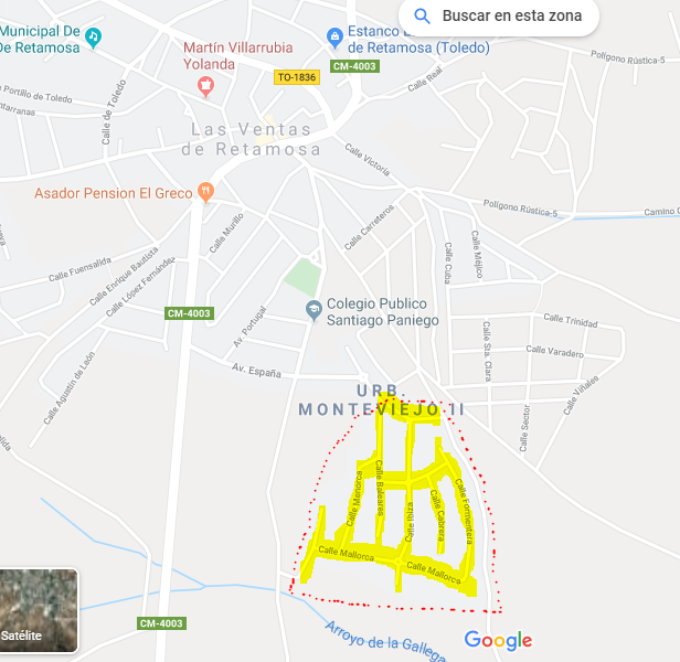 Localización de la "zona sin cobertura de fibra" por pertenecer al término municipal de Camarena estando realmente junto a Ventas de Retamosa