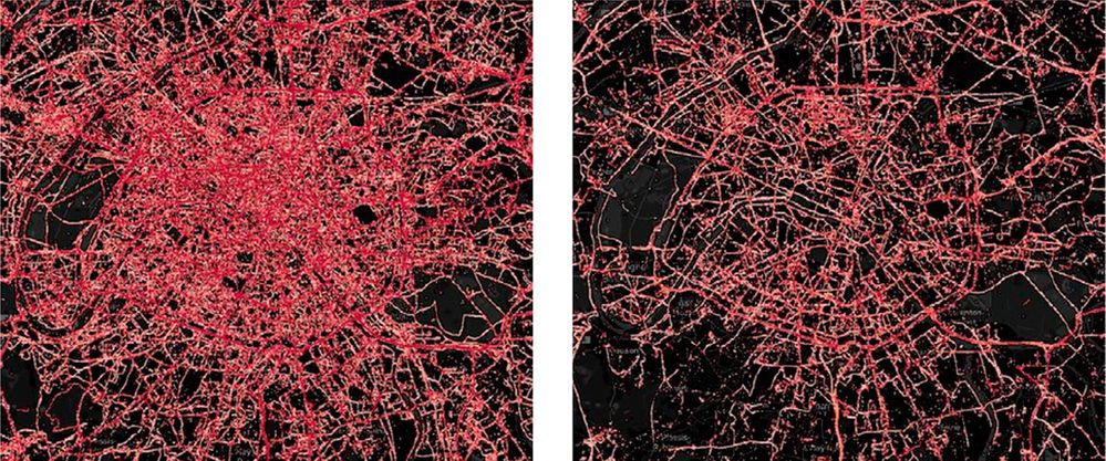 Cambio en la densidad de usuarios de redes móviles en el centro de París dos semanas antes y después del confinamiento a mediados de marzo