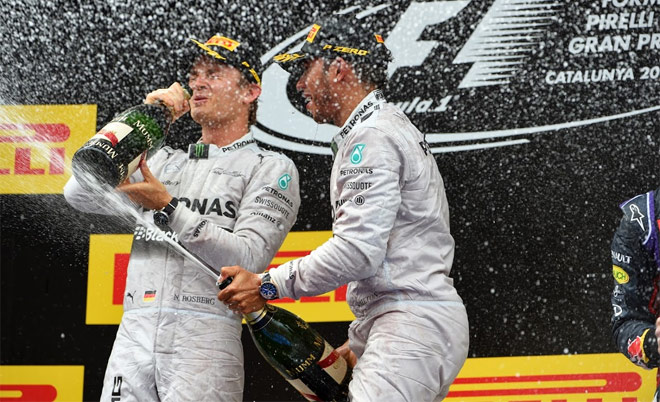 Rosberg y Hamilton, en el podio