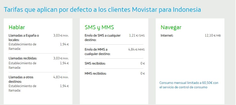 Tarifas que aplican por defecto a los clientes Movistar para Indonesia.