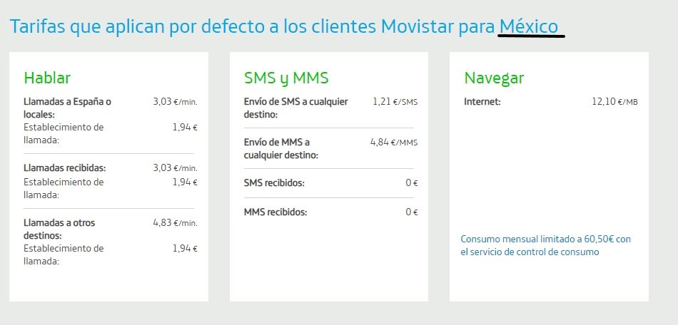 Tarifas que aplican por defecto a los clientes Movistar para México.