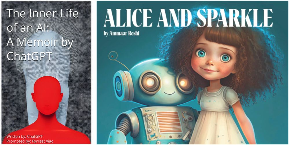 Ejemplos de la primera vez que una inteligencia artificial ha escrito un libro sobre su propia existencia y experiencias (lado izquierdo), o un libro infantil sobre una niña llamada Alicia que descubre la magia de la inteligencia artificial (lado derecho).
