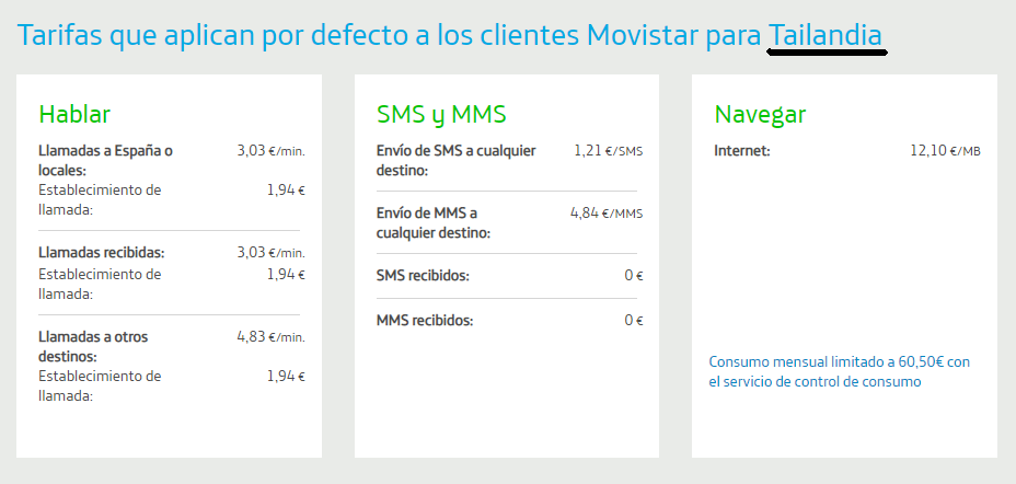 Tarifas que aplican por defecto a los clientes Movistar para Tailandia.