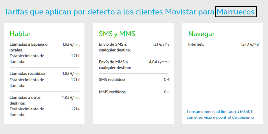 Tarifas que aplican por defecto a los clientes Movistar para Marruecos.
