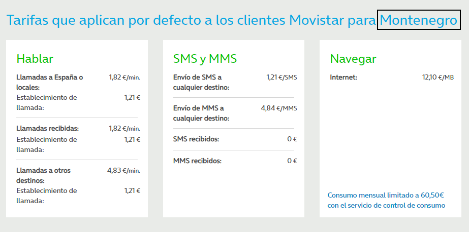 Tarifas que aplican por defecto a los clientes Movistar para Montenegro.