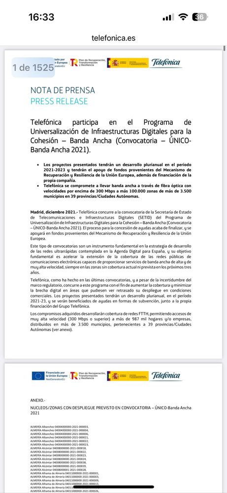NOTA DE PRENSA TLEEFONICA EXPECIFICANDO PLAZO DE EJECUCION