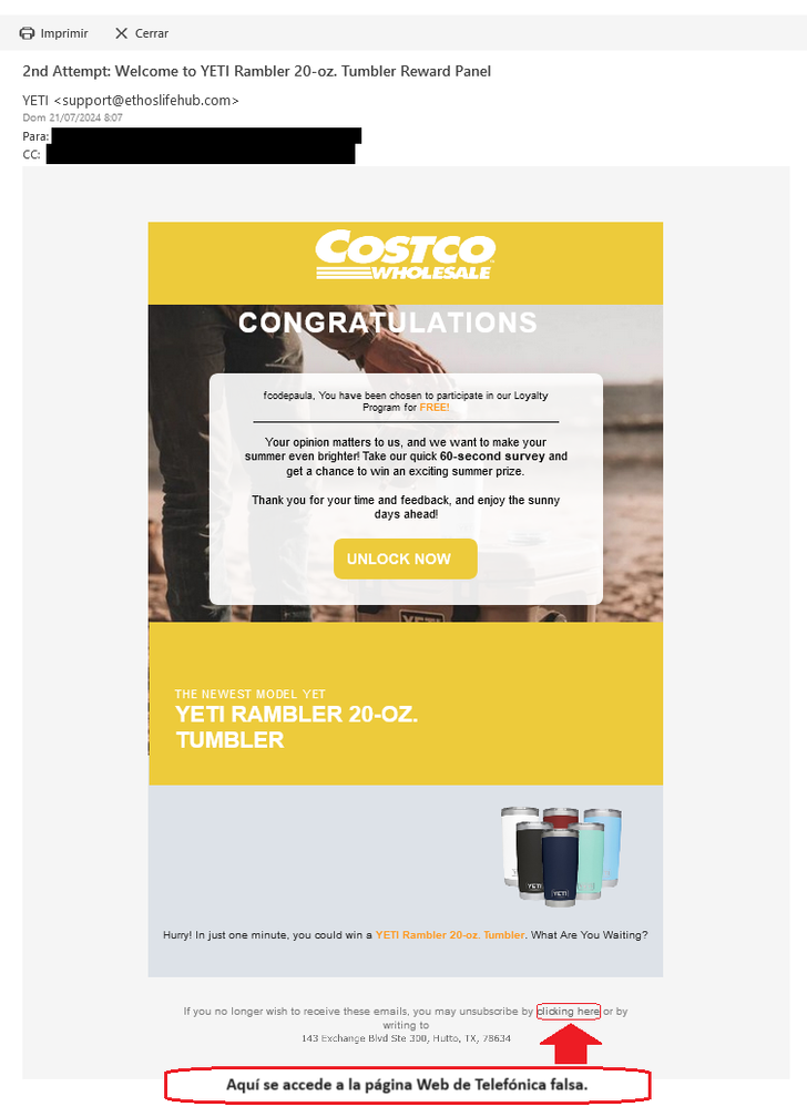 E-mail de presunto phishing raro con enlace Web a una falsa página Web de Telefónica (Indicando dónde esta el enlace Web de Telefónica falsa).png