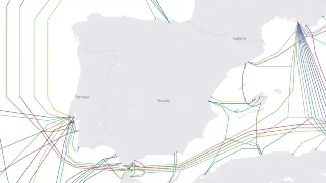 Los cables submarinos que se conectan a la península ibérica. / Submarinecablemap