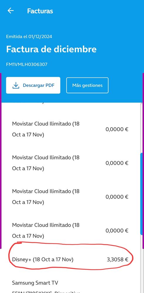 Detalle factura con el cobro de la cuota de Disney+