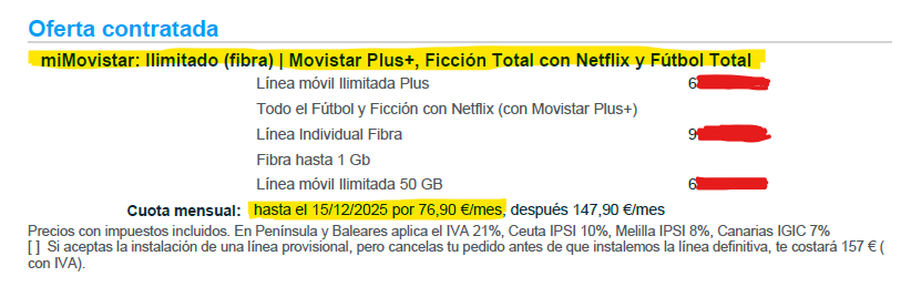 Datos oferta Movistar por 76,90 euros en el contrato firmado