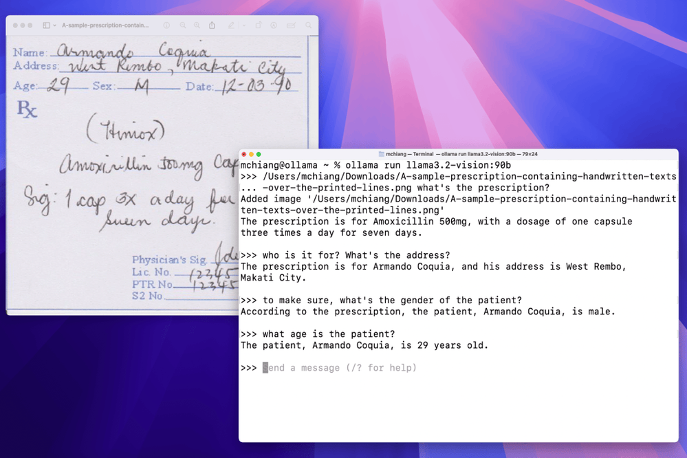 Ejemplo de uso de Llama en macOS para reconocer texto de una imagen. Fuente: Ollama