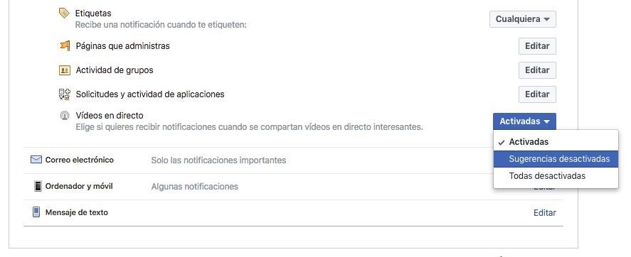 Desactivar notificaciones de Facebook Live